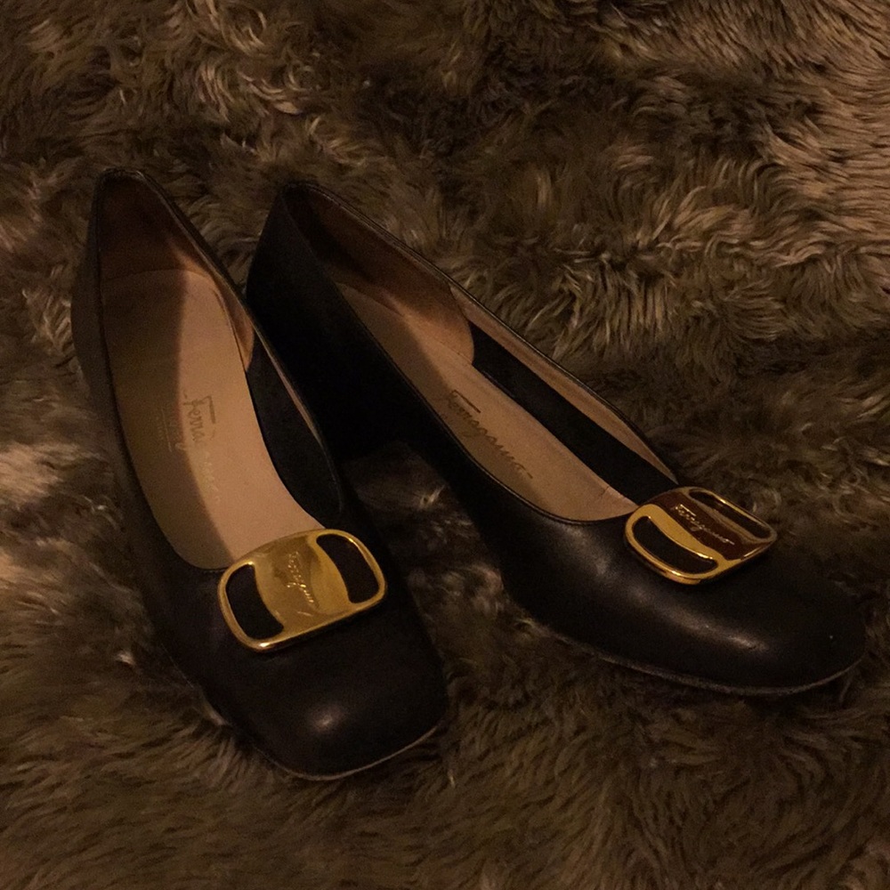 Salvatore Ferragamo Black Leather Heels with Gold Buckle